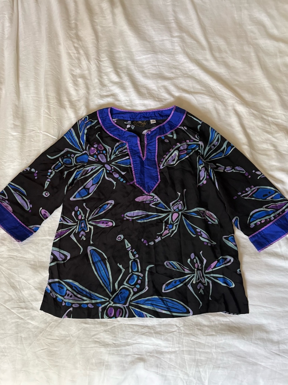 Bob Mackie Silk Black Blouse with Blue & Purple Dragonfly Print